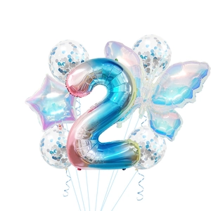 Gradient number 2 and butterfly balloon set with blue sequins for birthday party decor