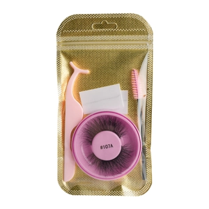 Self-adhesive false eyelashes set with pink applicator and brush in gold mesh pouch