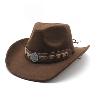 Western Cowboy Hat Vintage Felt Wide Brim Fedora With Star Rivets Metal Buckle Ethnic Style For Men Women