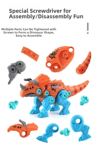 Close-up of triceratops dinosaur DIY toy parts and screws for building and disassembly