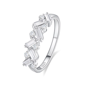 S925 sterling silver ring featuring emerald-cut and round cubic zirconia stacked stones