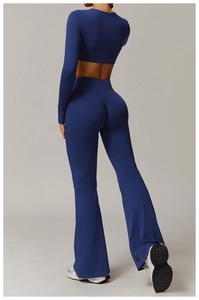 Detail view of high-waist yoga pants with V-shaped back seam for butt-lifting effect