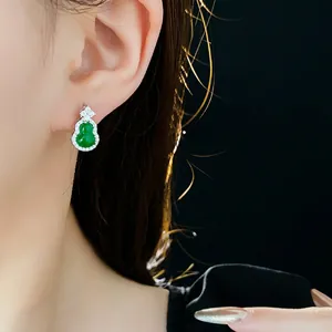 Green Gemstone Gourd Wu Lou Stud Earrings With Zircon Copper Base And Silver Earring Post Vintage Chinese Style For Women