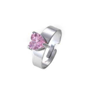 Elegant stainless steel ring with a heart-shaped pink gem and adjustable silver band