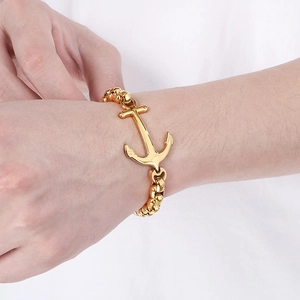 Men's 18k gold plated anchor pendant bracelet with bold stainless steel link chain