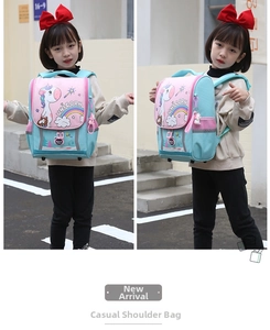 Detail of waterproof kids backpack featuring rainbow unicorn graphics and padded straps