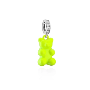 Neon green bear pendant with diamond-encrusted silver ring on white background