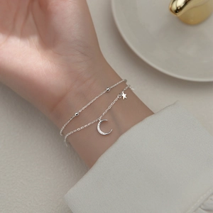 Bracciale Doppio Strato Stella Luna Con Zircone Rame Argentato Gioielli Regolabili Per Donna Stile Design Nicchia