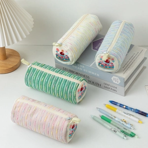 Cute embroidered strawberry cake pencil case in four pastel colors with top handle