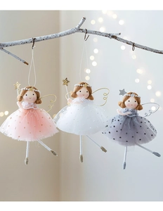 Detailed view of three fairy angel ornaments in pink, white, and grey with mesh skirts