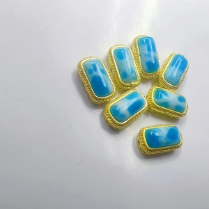 Set of seven rectangular gold plated blue cat eye stone beads for DIY jewelry making