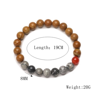 Detail view of 8mm natural stone planet bracelet showing 19cm length and beads texture