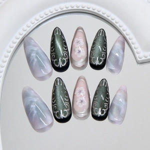 Olive green cat eye press on nails with silver swirl and pink floral almond shape