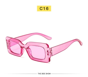 Detailed side view of C16 pink transparent rectangular retro sunglasses with hip-hop style