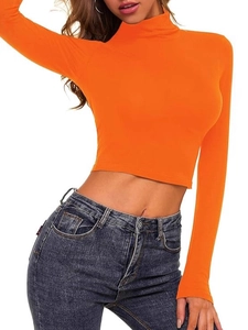 Slim fit long sleeve orange turtleneck crop top for women in stretch fabric