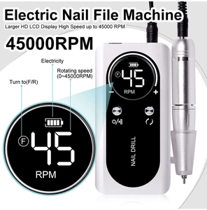 Detail of white electric nail drill featuring high-definition 45000 RPM LCD screen display