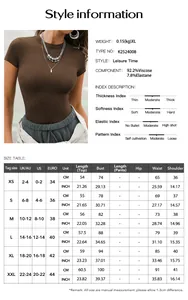 Detailed size guide table for women's slim fit solid color round neck short sleeve t-shirt