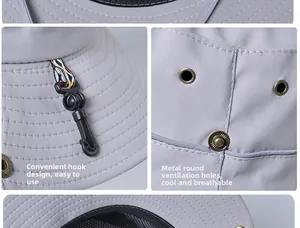 Détail du chapeau de soleil gris avec évents métalliques et crochet de suspension