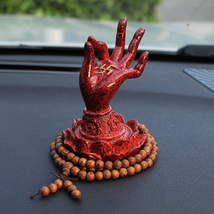 Adorno Mano De Buda Coche Resina Base Loto Con Cuentas De Madera Decoración Tablero Zen Rojo