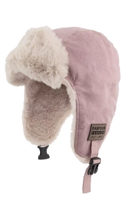 Detailed side view of pink suede trapper hat with warm white faux fur lining and buckle