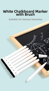 Detailed set of 8 white liquid chalk markers with felt eraser caps on a mini blackboard