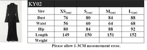 Size guide table for slim fit long sleeve mesh dress showing measurements for XS to L