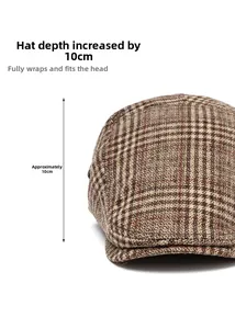 Plaid newsboy cap detail showing 10cm depth design for a secure fit and full coverage