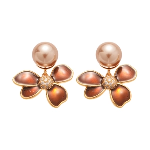 18k gold-plated flower earrings with champagne pearls and brown clover zircon studs
