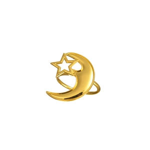 Detailed view of gold moon and star napkin ring with smooth metallic luster on white