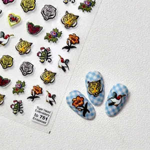 5D embossed tiger and floral nail art stickers with vivid 3D embroidery texture