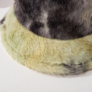 Winter tie-dye plush bucket hat in dark grey and lime green soft faux fur fabric