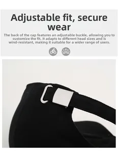 Detail of adjustable silver metal buckle on black baseball cap for a secure custom fit
