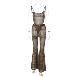 Close-up of translucent leopard print mesh fabric with detailed backless jumpsuit design
