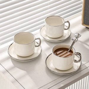 Luxury European white ceramic coffee cup set with silver rim and cute bear spoon