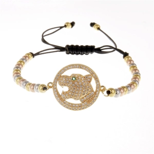 Bracelet ajustable en corde milanaise avec tête de léopard en zircon et perles tricolores