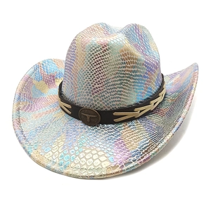 Chapeau de cowboy western coloré à motif serpent avec large bord et boucle tête de taureau