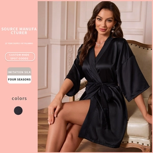 Women Imitation Satin Satin Robe Mid Length Kimono Nightgown With Tassel Waist Tie Sexy Lightweight Sleepwear
