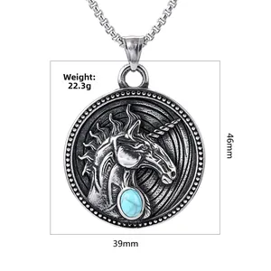 Detailed view of unicorn relief pendant with blue gemstone and 22.3g weight display