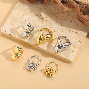 French Retro Minimalist Copper Ring Adjustable Opening Fluid Metal Water Drop Cluster Beads Vintage Jewelry For Women