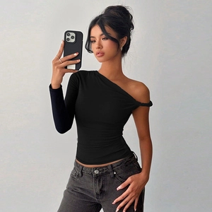 Slim fit black one-shoulder long sleeve top with knot detail for women