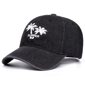 Washed black denim baseball cap with white summer coconut tree embroidery