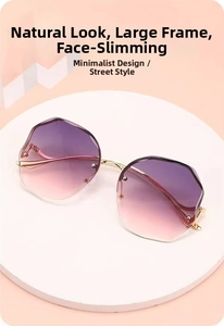 Detail showing rimless purple gradient lenses and gold metal temples of oversized sunglasses