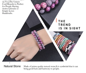 Macro detail of double-row woven natural lava stone and purple imperial jasper bracelet
