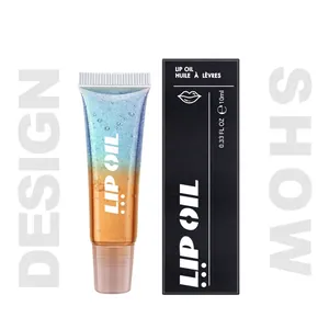 Dual-color rainbow lip oil gel in clear squeeze tube with 10ml black packaging box