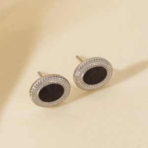 Retro 304 stainless steel stud earrings with black inlay and clear cubic zirconia stones