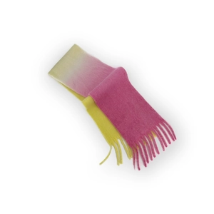 Soft wool blend gradient yellow and pink scarf with tassels on white background
