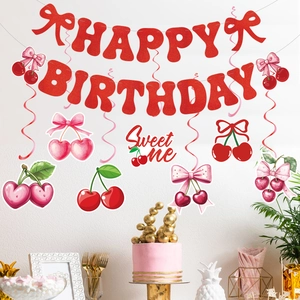 Close-up of glittery red Happy Birthday banner and Sweet One cherry party decorations