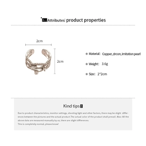 Detailed size and weight specs for the 18k gold plated pearl and zircon open ring
