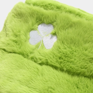 Winter green faux fur bucket hat with white clover embroidery in a stylish plush design