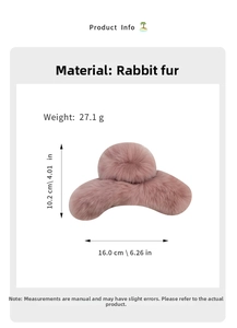 Detail of pink rabbit fur hair claw clip showing dimensions 16cm width and 10.2cm height